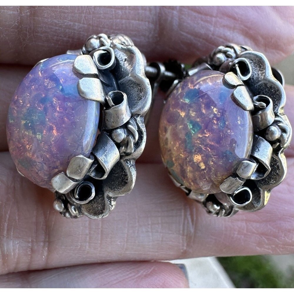VTG Taxco Mexico sterling silver and faux foil opal earrings - Picture 6 of 11